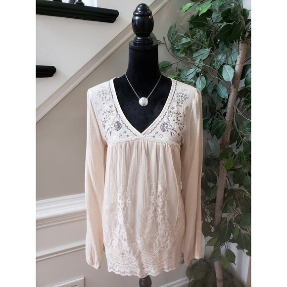 Jolt Top Blouse Women's XL Beige Floral Lace Overlay Rayon Long Sleeve V Neck - Picture 1 of 11